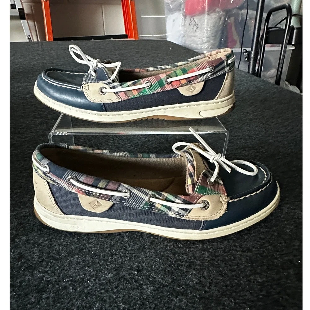 Sperry Womens Navy Tan Plaid Boat Shoes STS84939 Size 9 Memory Foam‎ Loafers